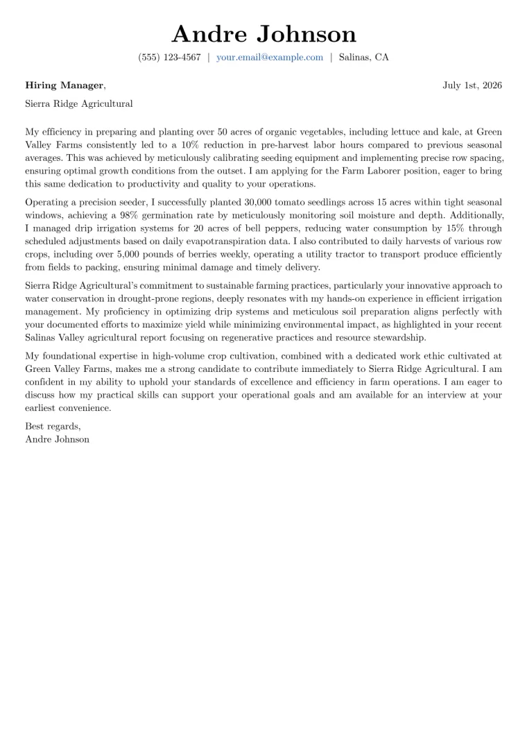 Farm Laborer cover letter example preview