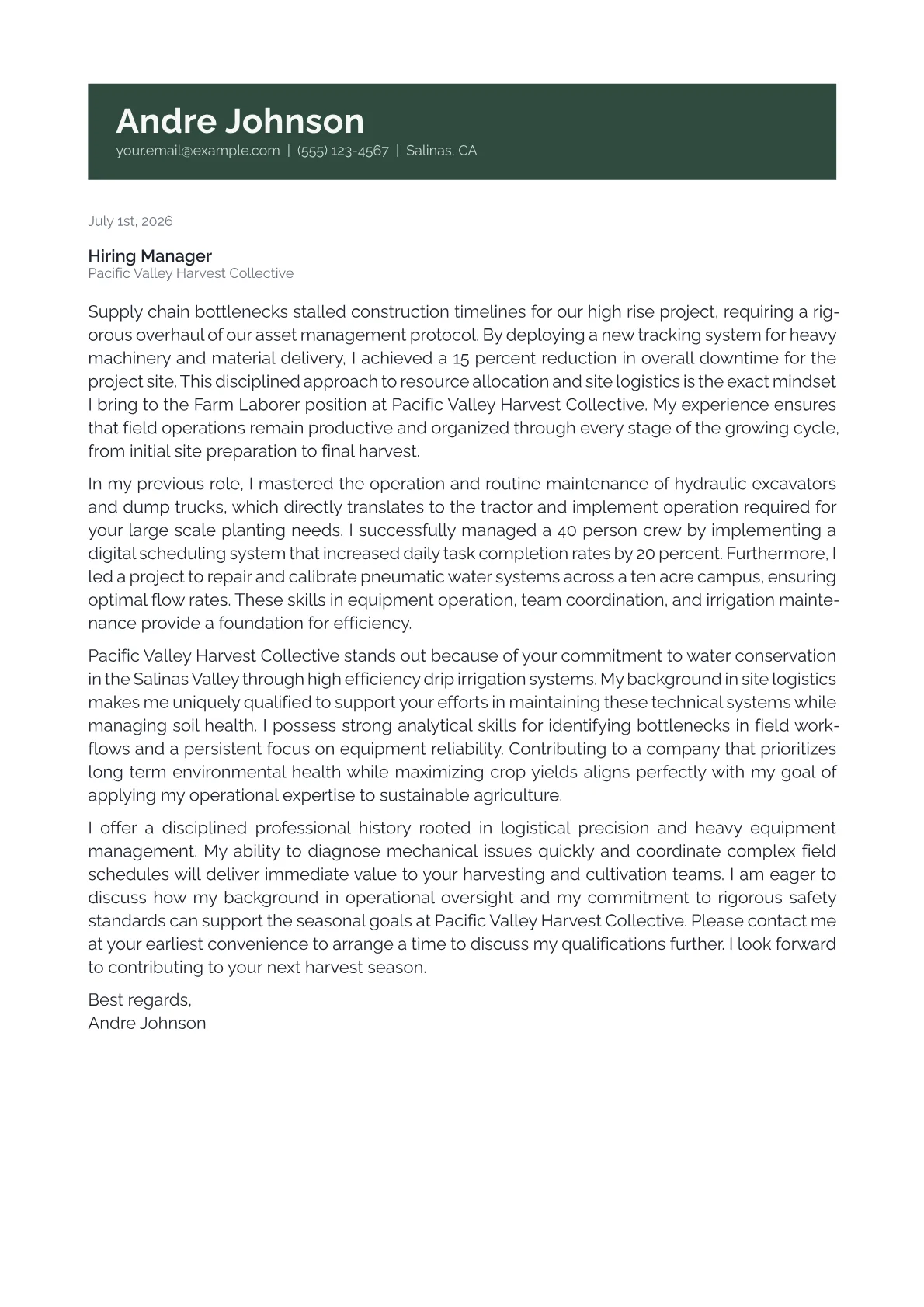 Farm Laborer cover letter in the Banner design