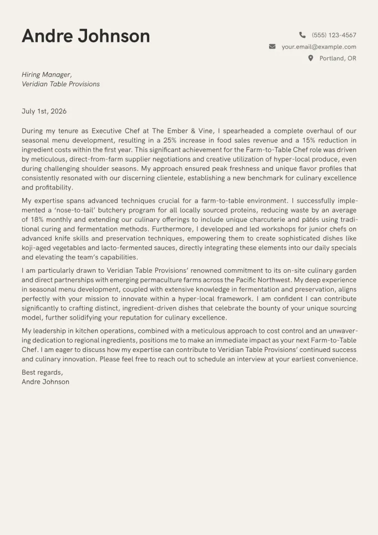 Farm-to-Table Chef cover letter example preview