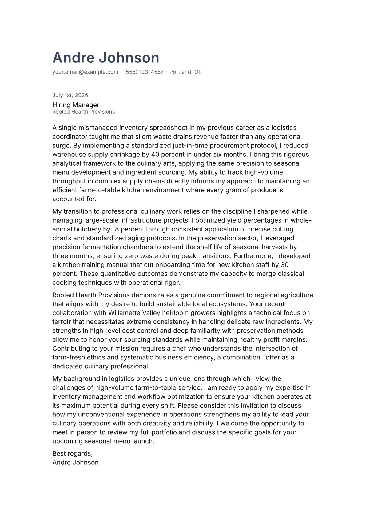 Farm-to-Table Chef cover letter in the Minimal design