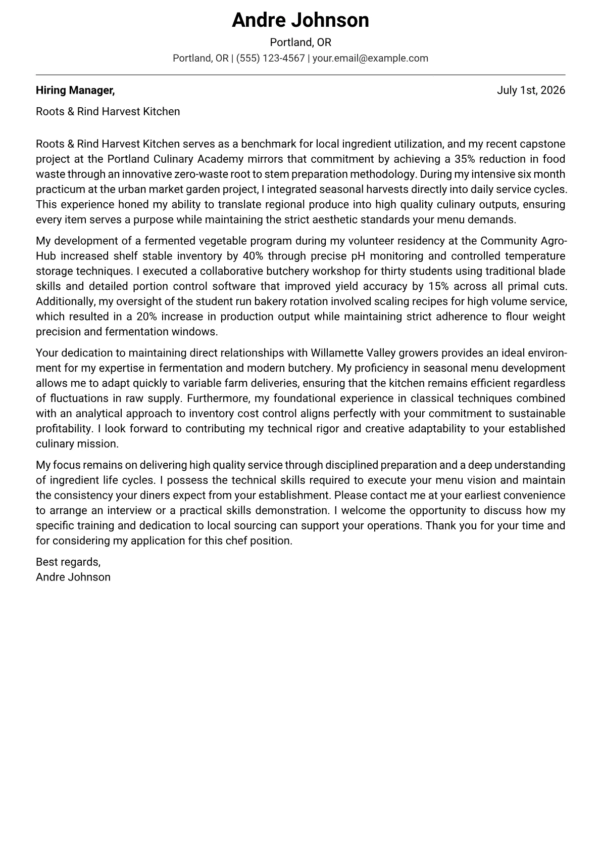 Farm-to-Table Chef cover letter in the Modern design