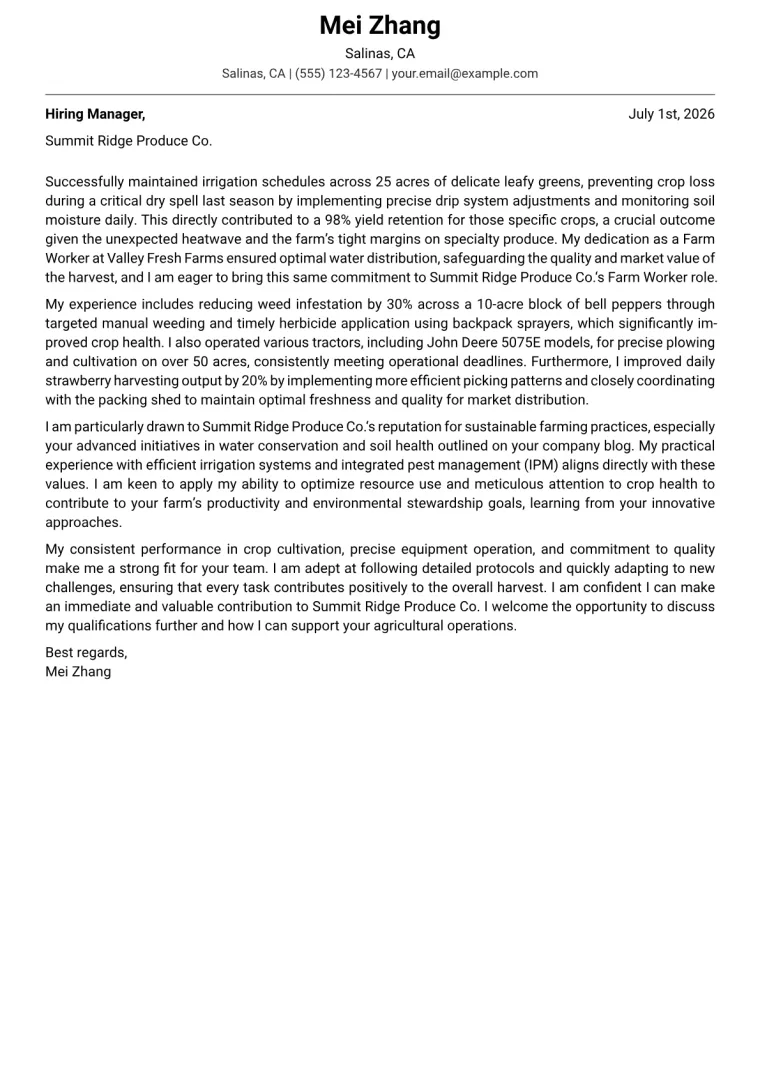 Farm Worker Cover Letter Example