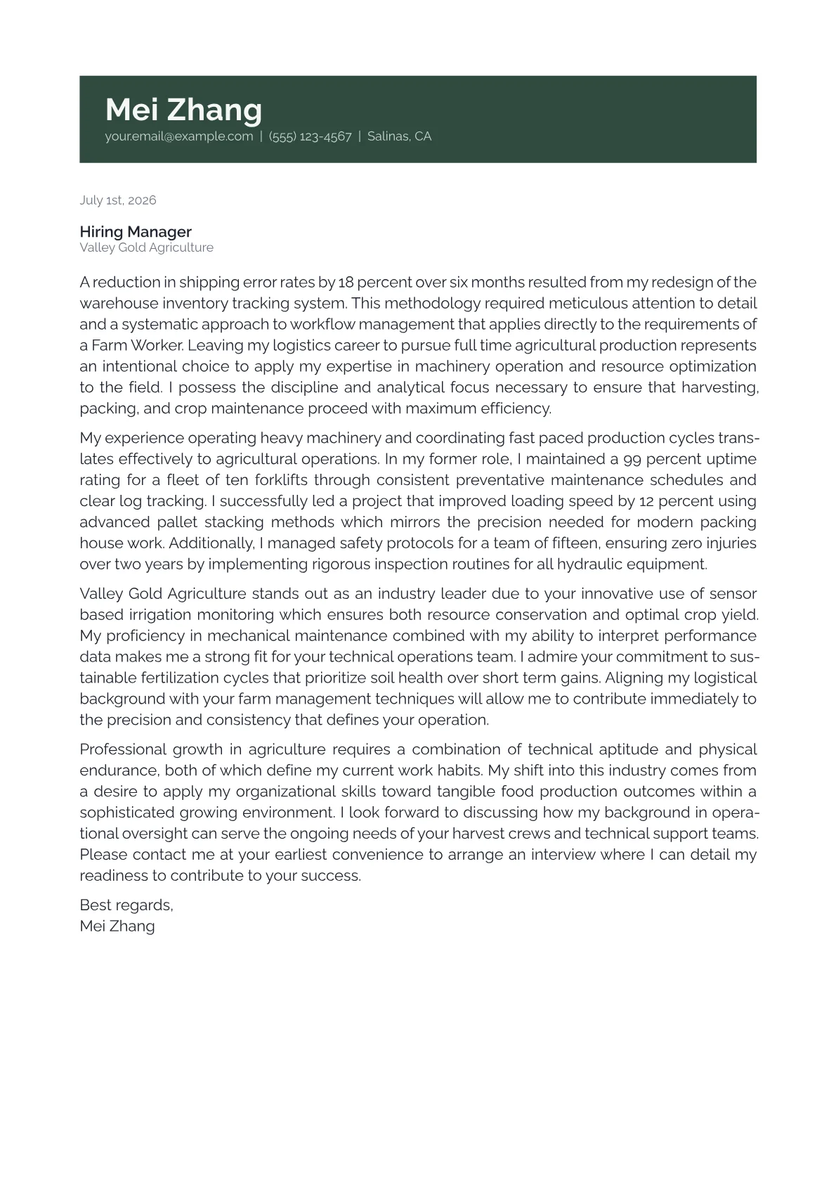 Farm Worker cover letter in the Banner design