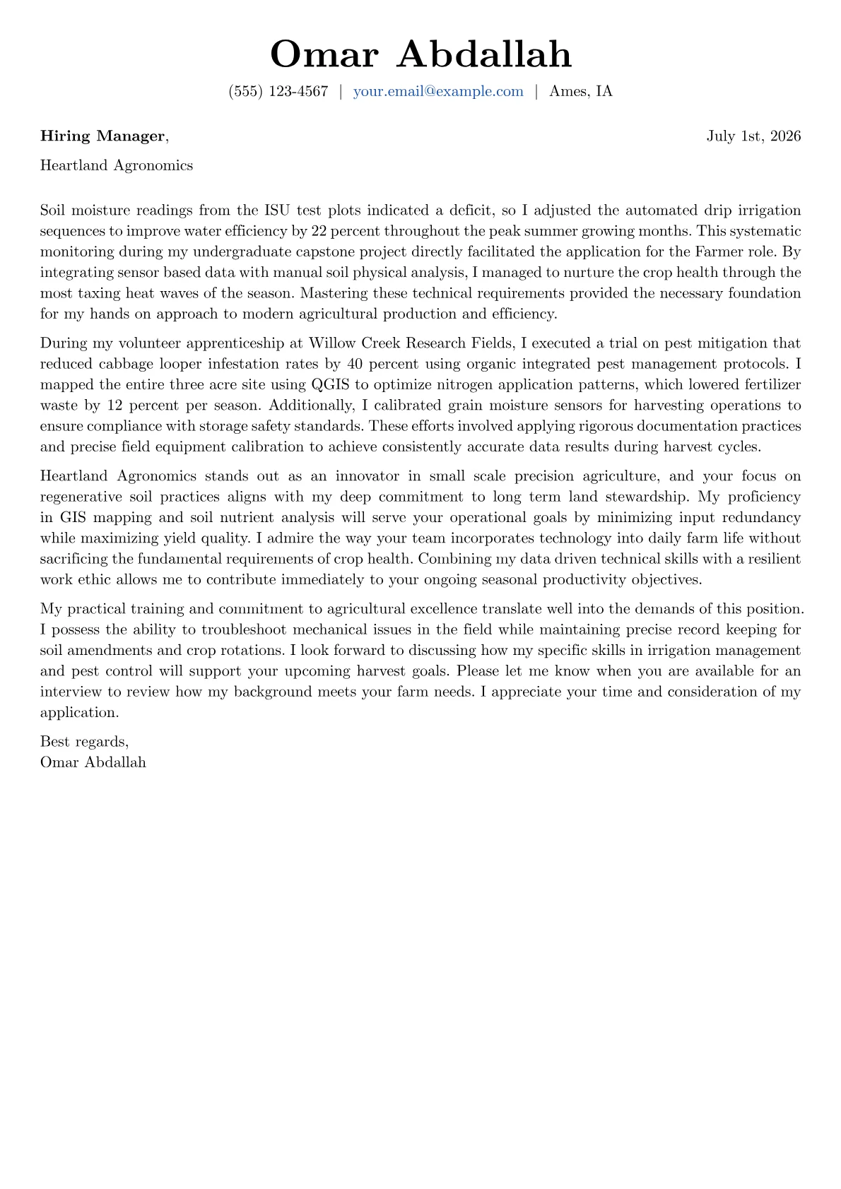 Farmer cover letter in the Basic design
