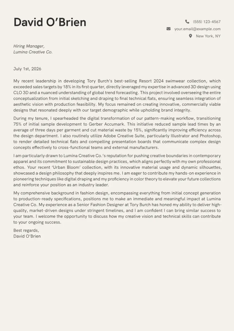 Fashion cover letter example preview