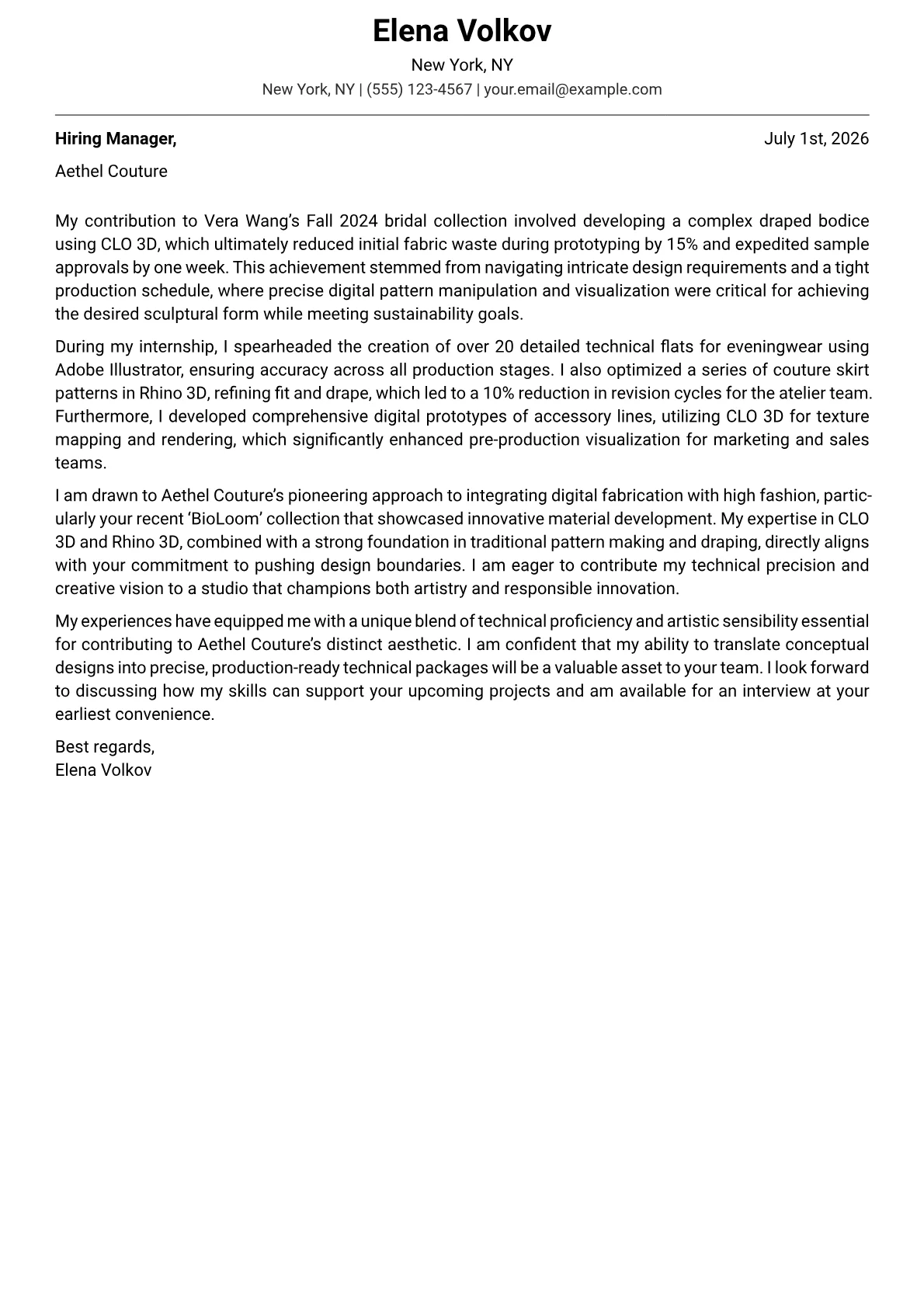 Fashion Design Student cover letter formatted with a JobSprout template