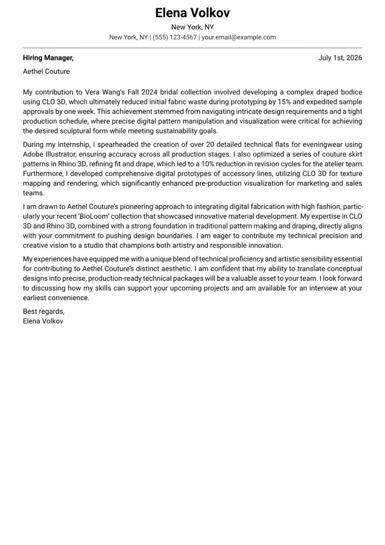 Fashion Design Student cover letter example preview