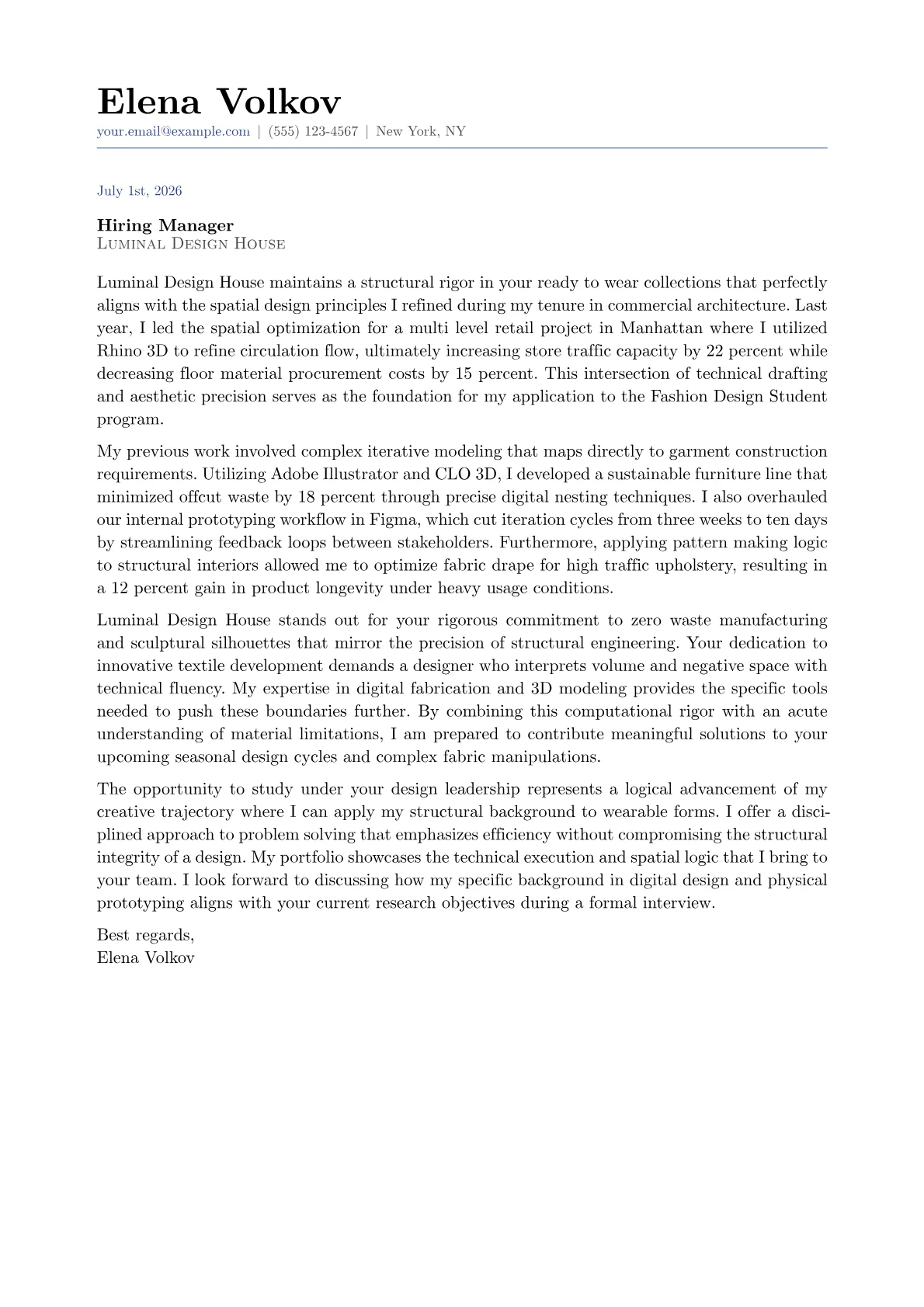Fashion Design Student cover letter in the Classic design