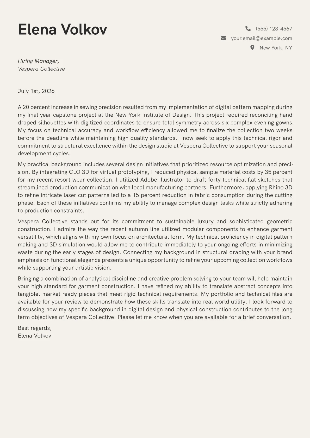 Fashion Design Student cover letter in the Creative design