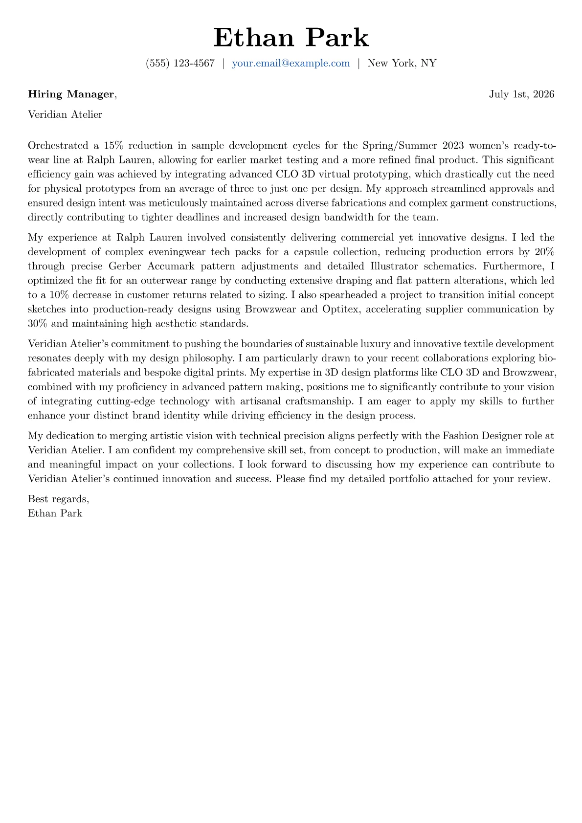 Fashion Designer cover letter formatted with a JobSprout template