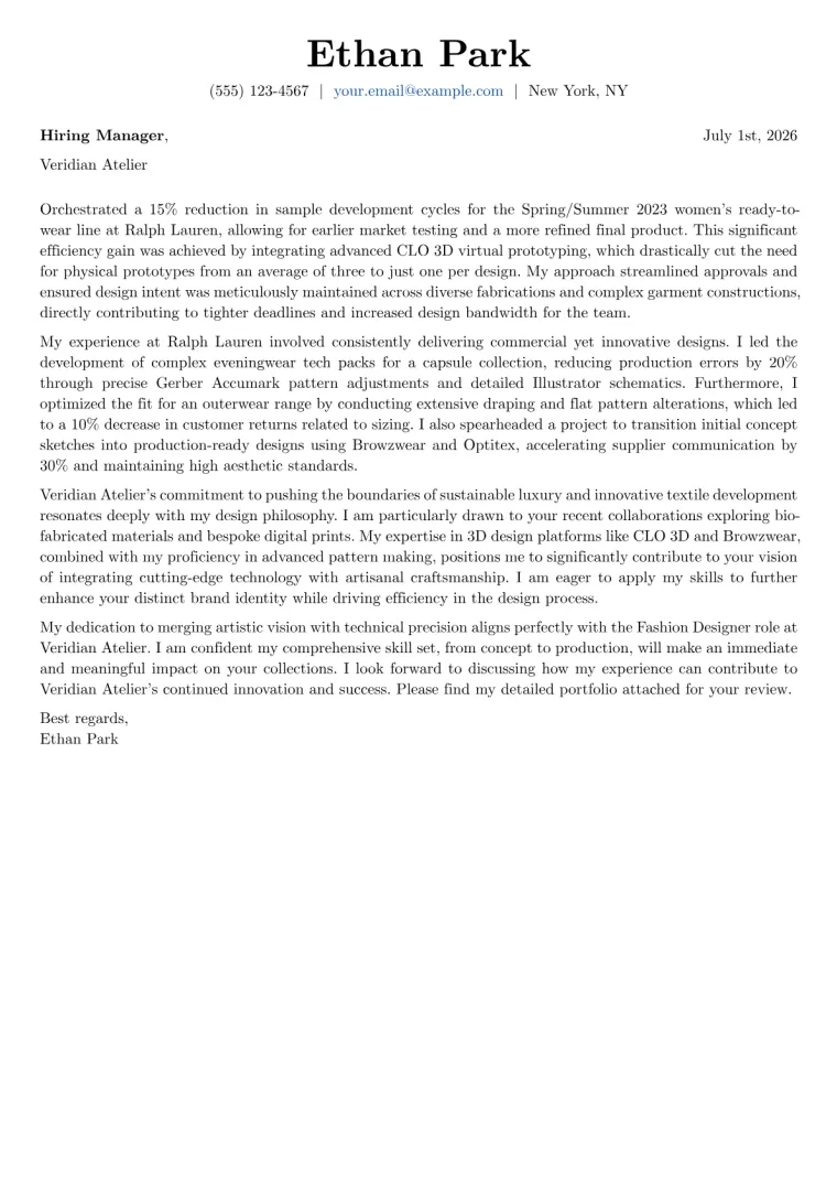 Fashion Designer Cover Letter Example