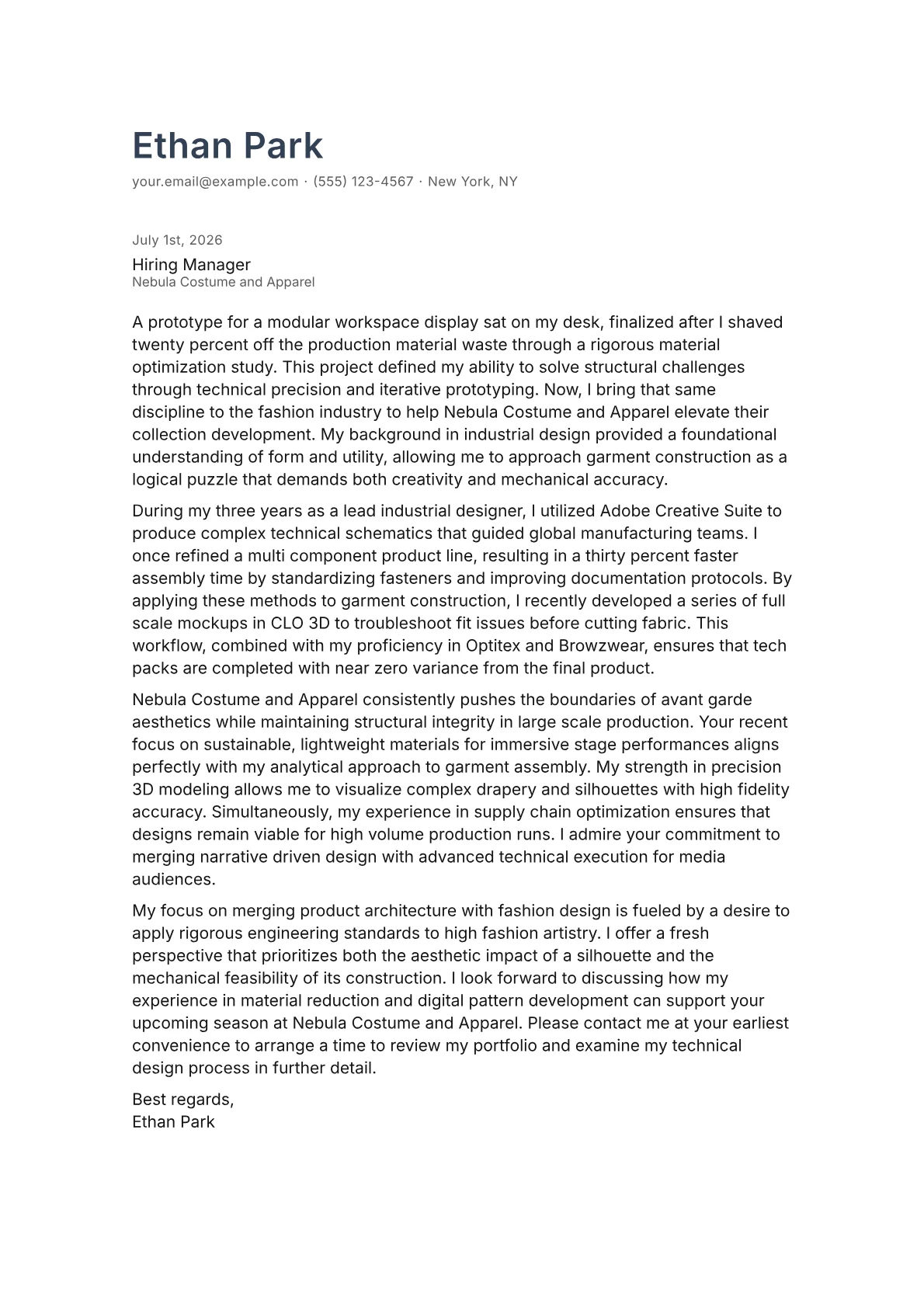 Fashion Designer cover letter in the Minimal design