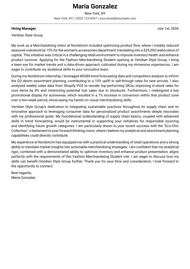 Fashion Merchandising Student cover letter example