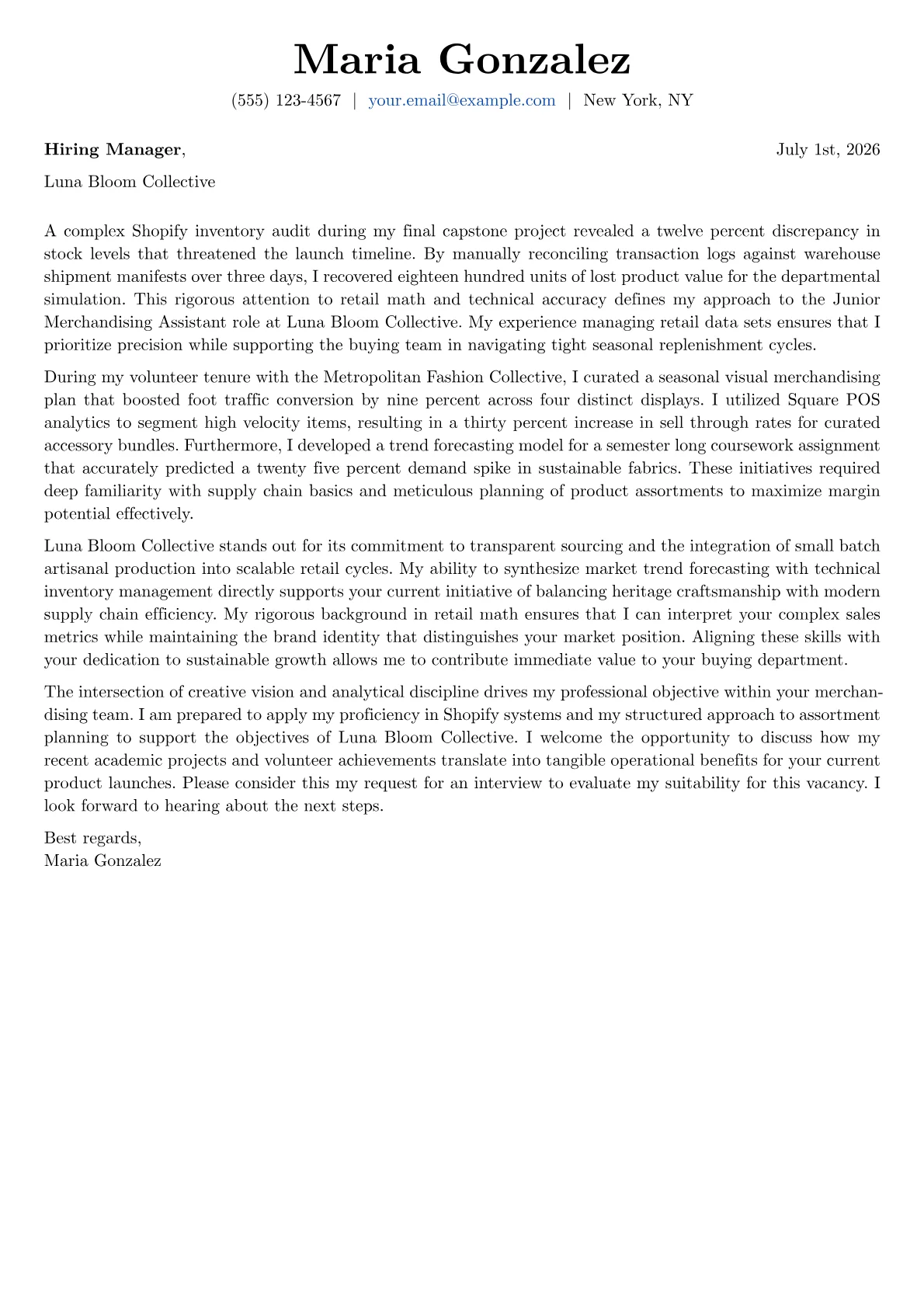 Fashion Merchandising Student cover letter in the Basic design