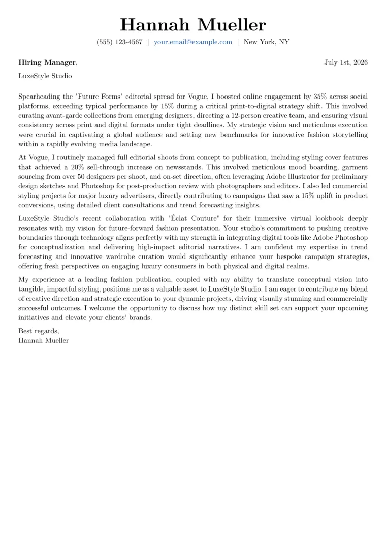 Fashion Stylist Cover Letter Example
