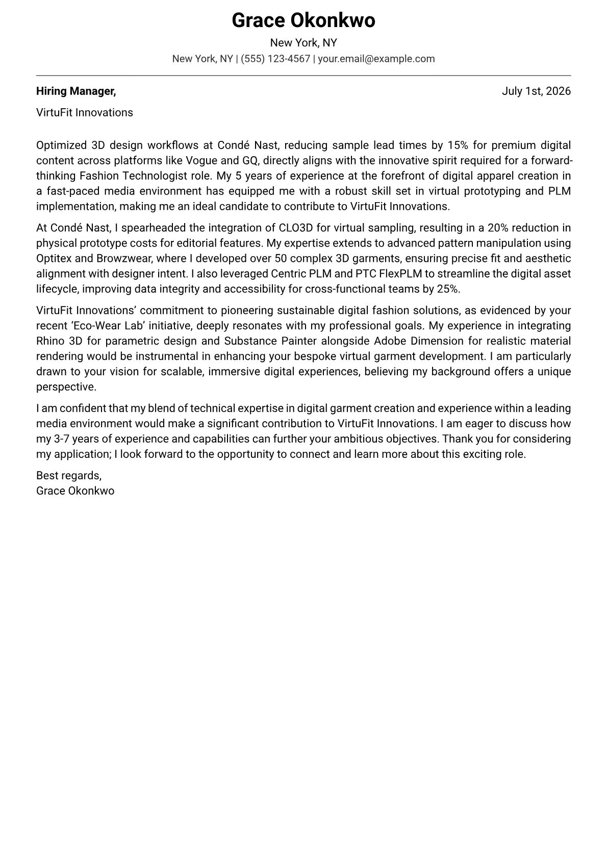 Fashion Technology cover letter formatted with a JobSprout template