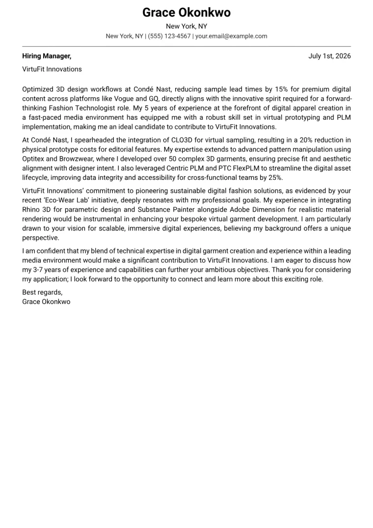 Fashion Technology cover letter example preview