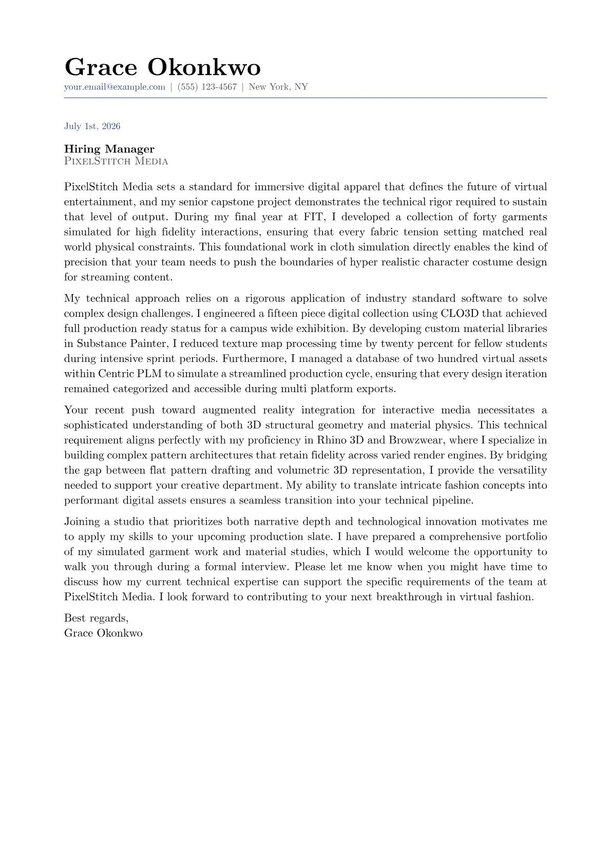 Fashion Technology cover letter in the Classic design