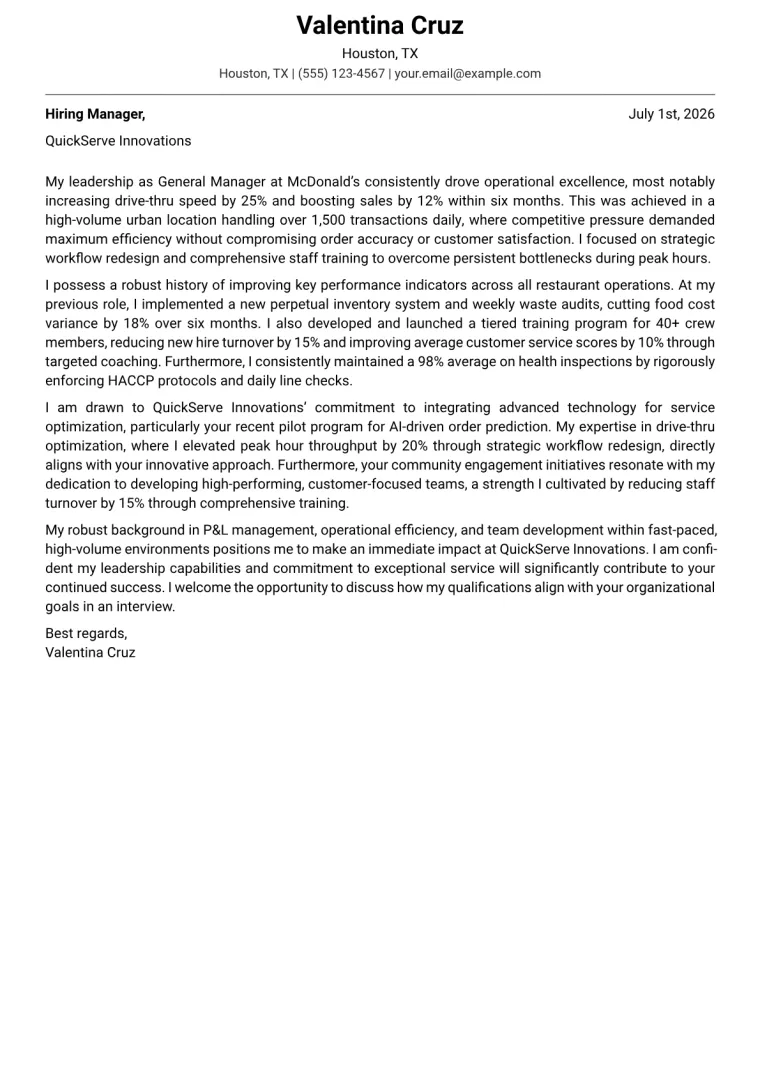 Fast Food Manager cover letter example preview