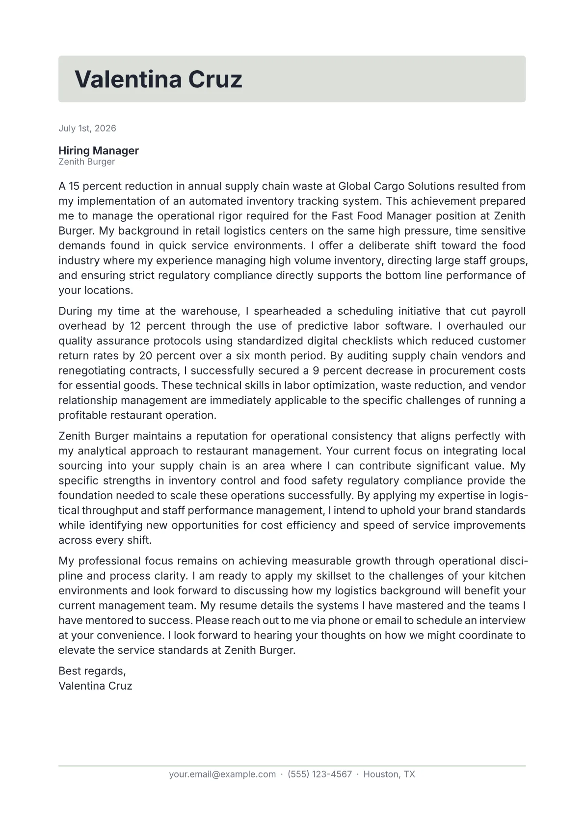 Fast Food Manager cover letter in the Letterhead design