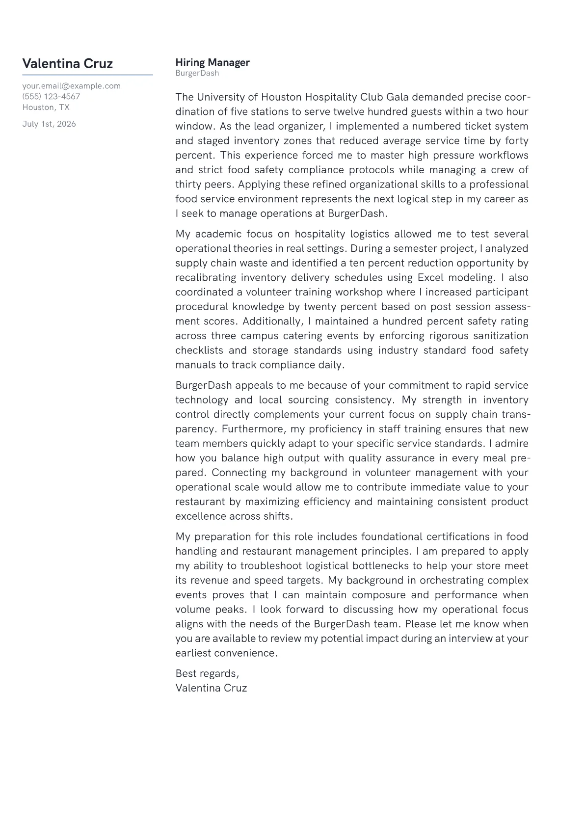 Fast Food Manager cover letter in the Margin design