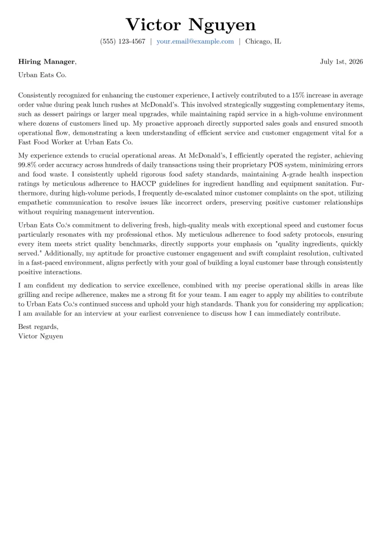 Fast Food Worker cover letter example preview
