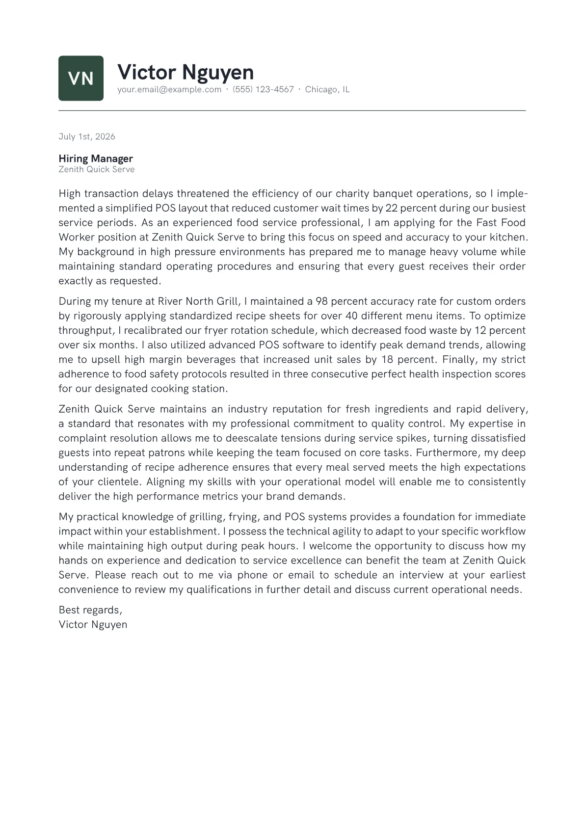 Fast Food Worker cover letter in the Emblem design