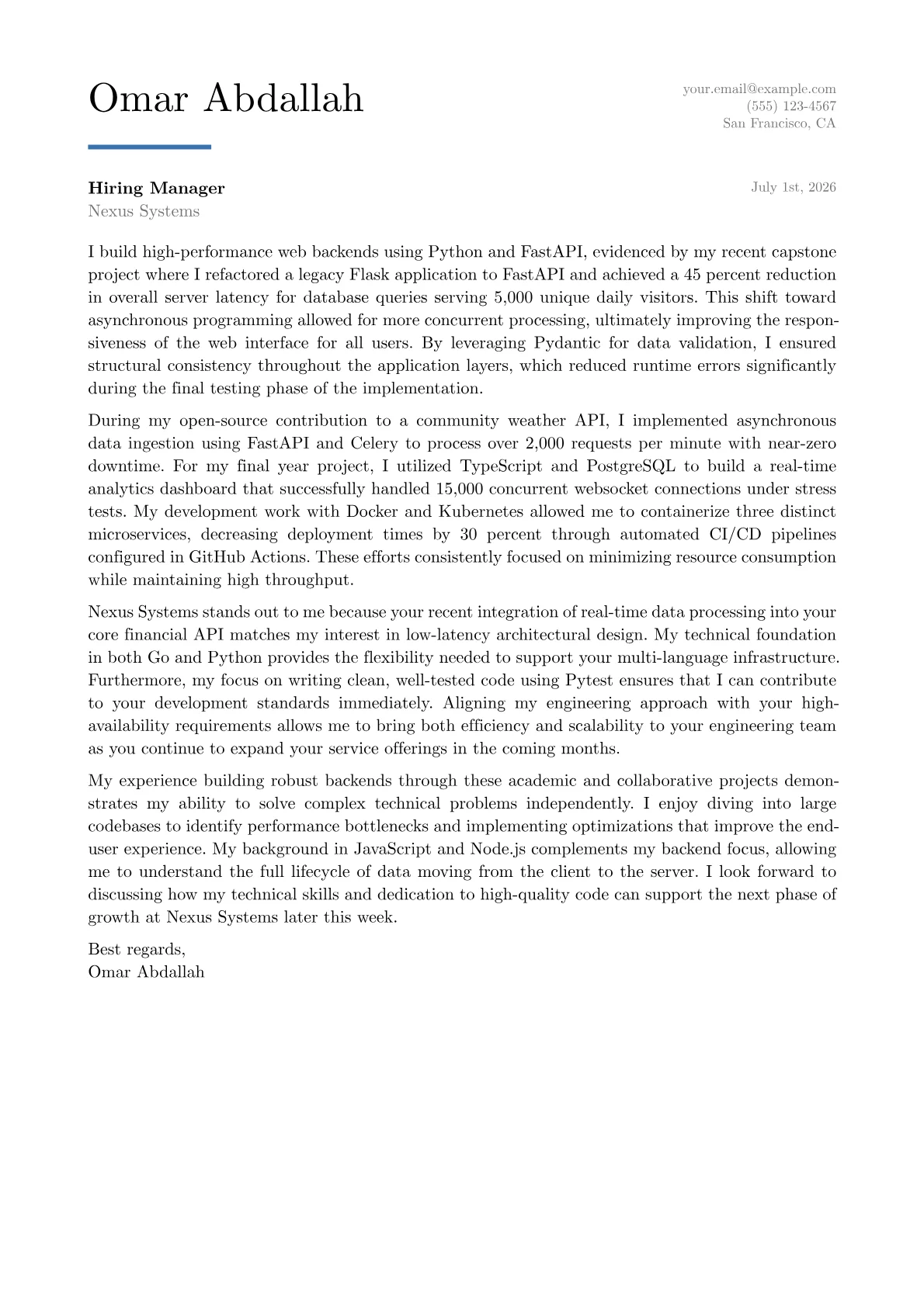 FastAPI Developer cover letter in the Executive design