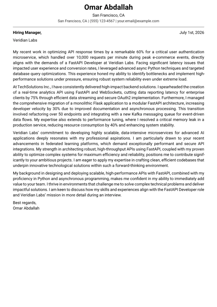 FastAPI Developer cover letter example preview