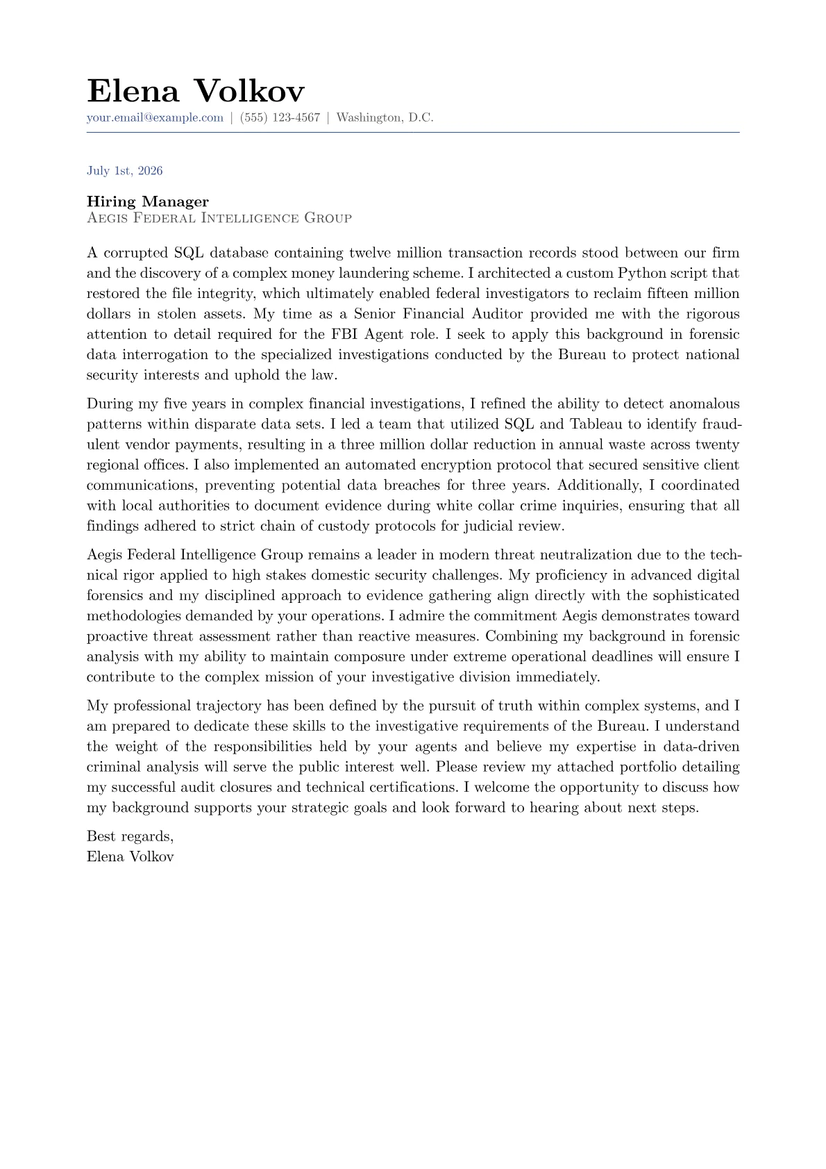 FBI Agent cover letter in the Classic design