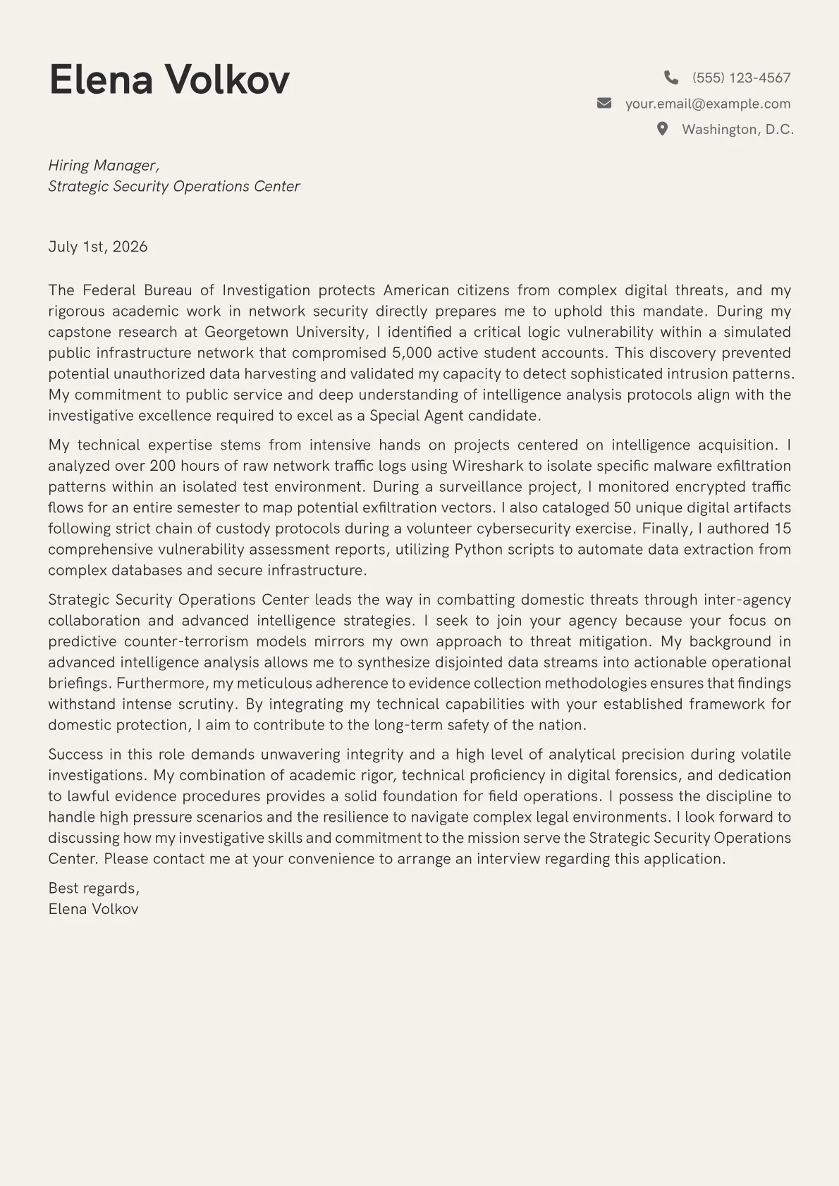 FBI Agent cover letter in the Creative design
