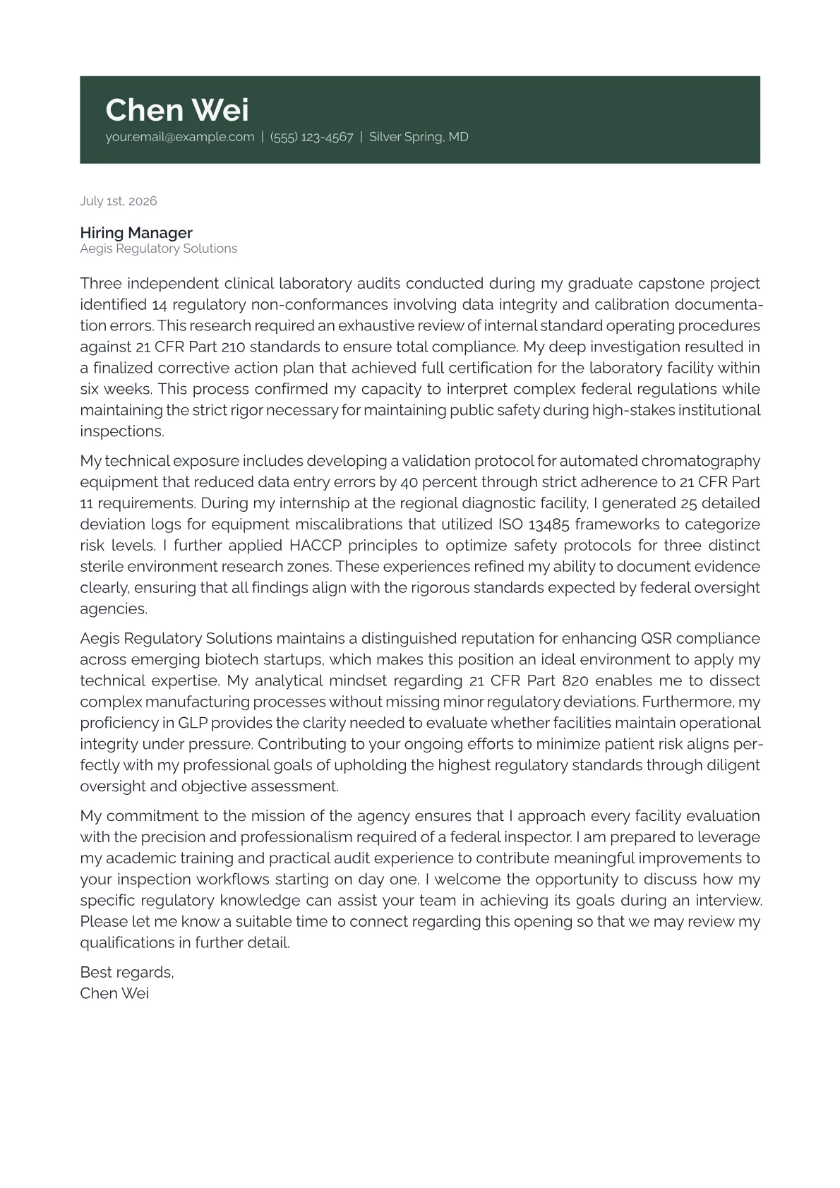 FDA Inspector cover letter in the Banner design