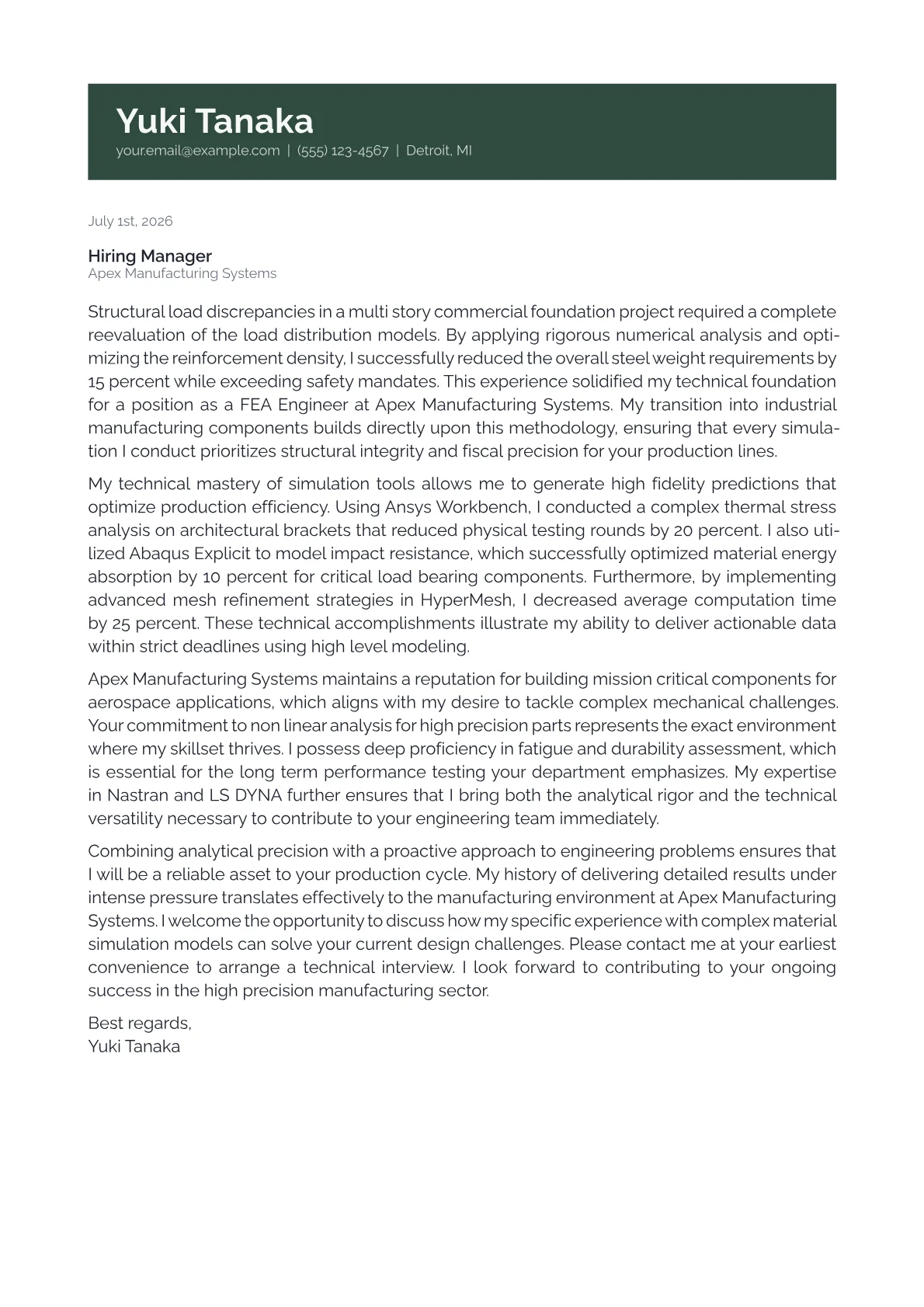 FEA Engineer cover letter in the Banner design