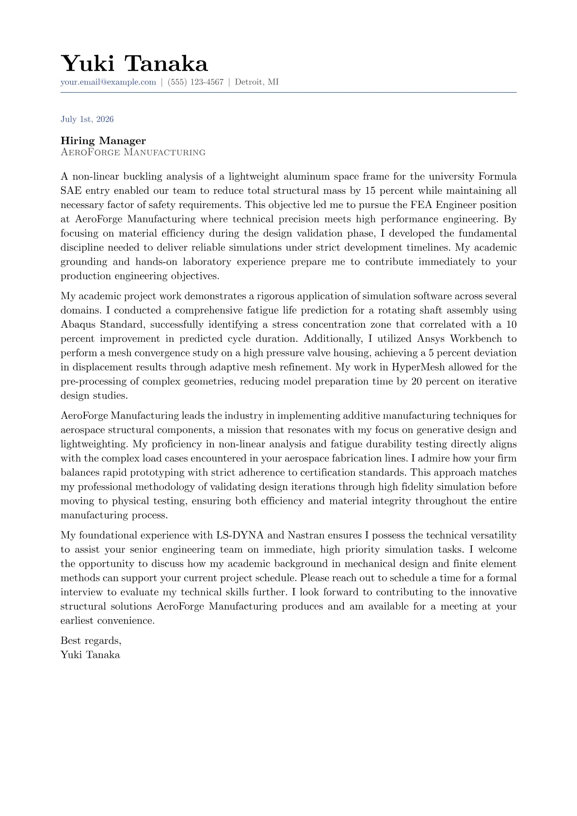 FEA Engineer cover letter in the Classic design