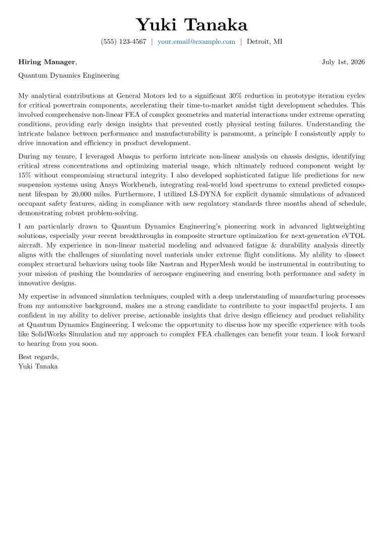 FEA Engineer cover letter example
