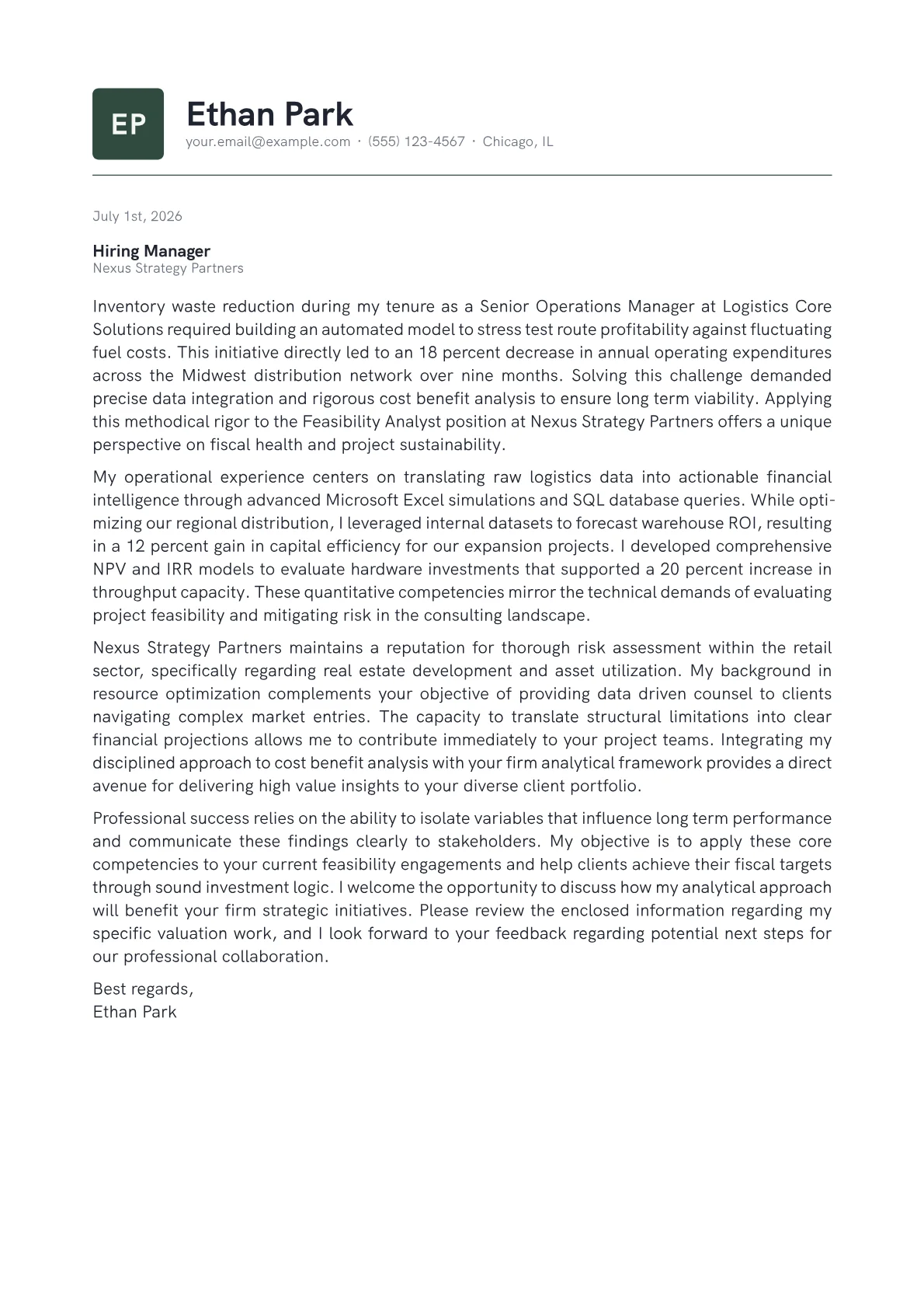 Feasibility Analyst cover letter in the Emblem design