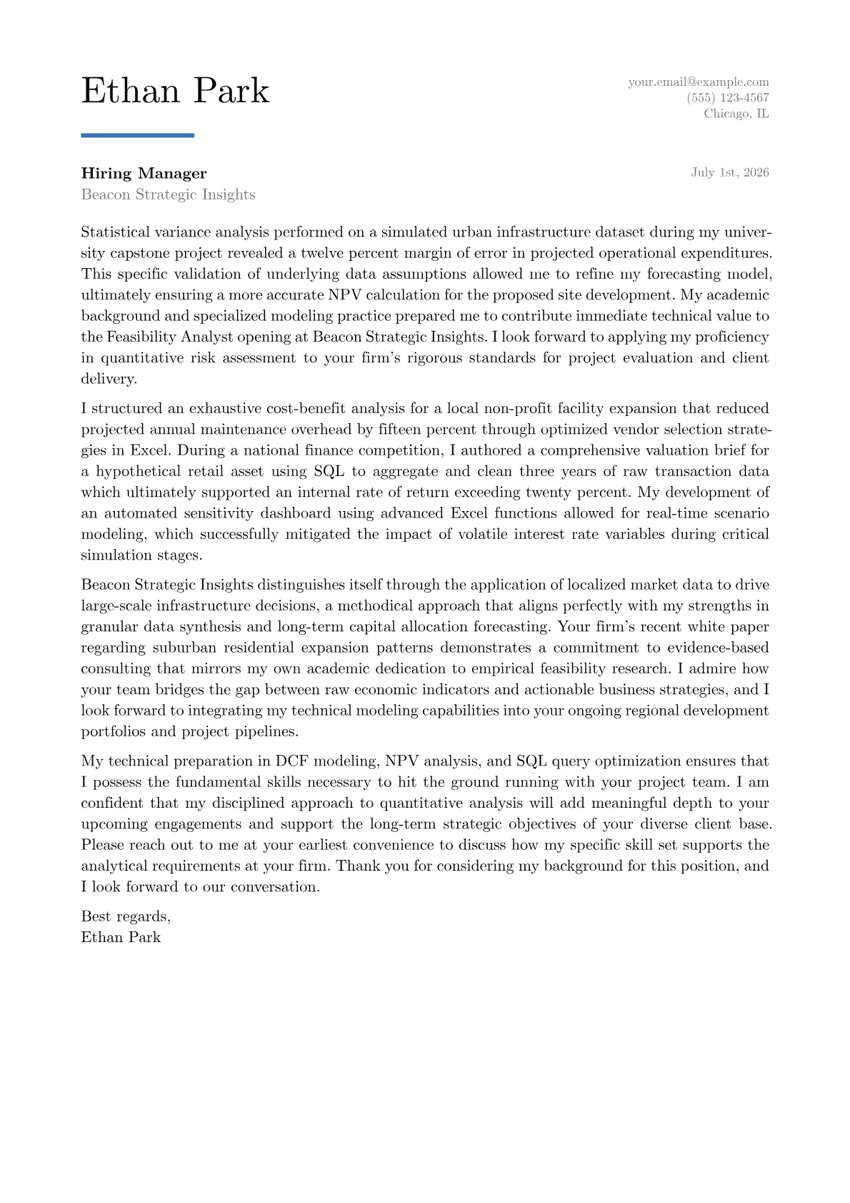 Feasibility Analyst cover letter in the Executive design