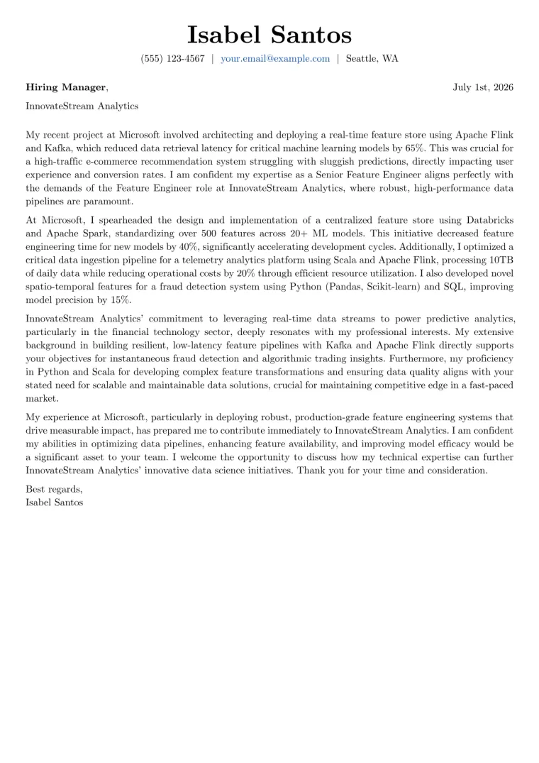 Feature Engineer cover letter example