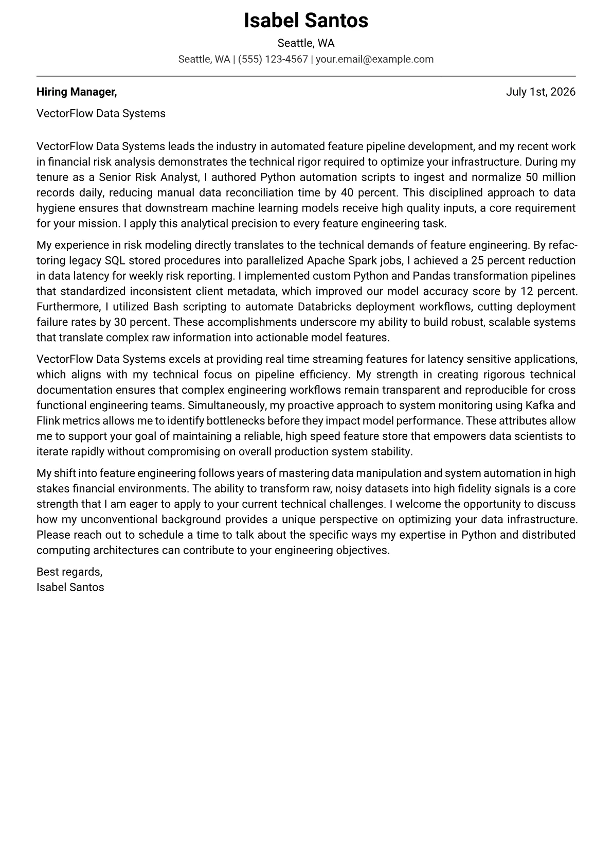 Feature Engineer cover letter in the Modern design