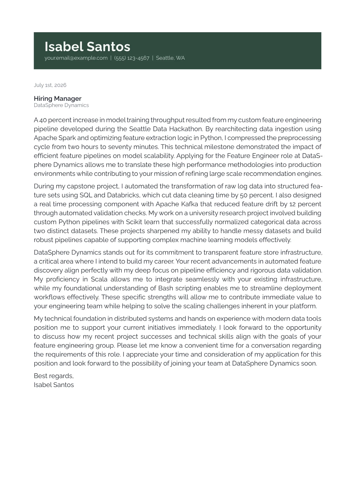 Feature Engineer cover letter in the Banner design
