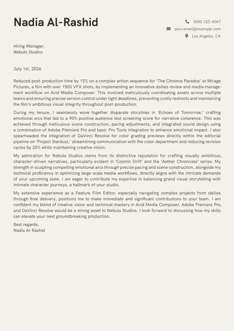 Feature Film Editor cover letter example preview