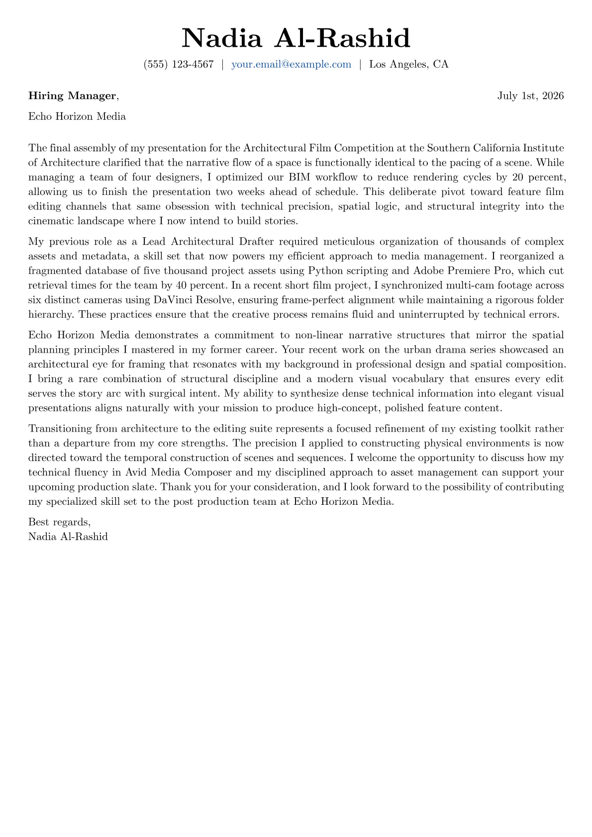 Feature Film Editor cover letter in the Basic design