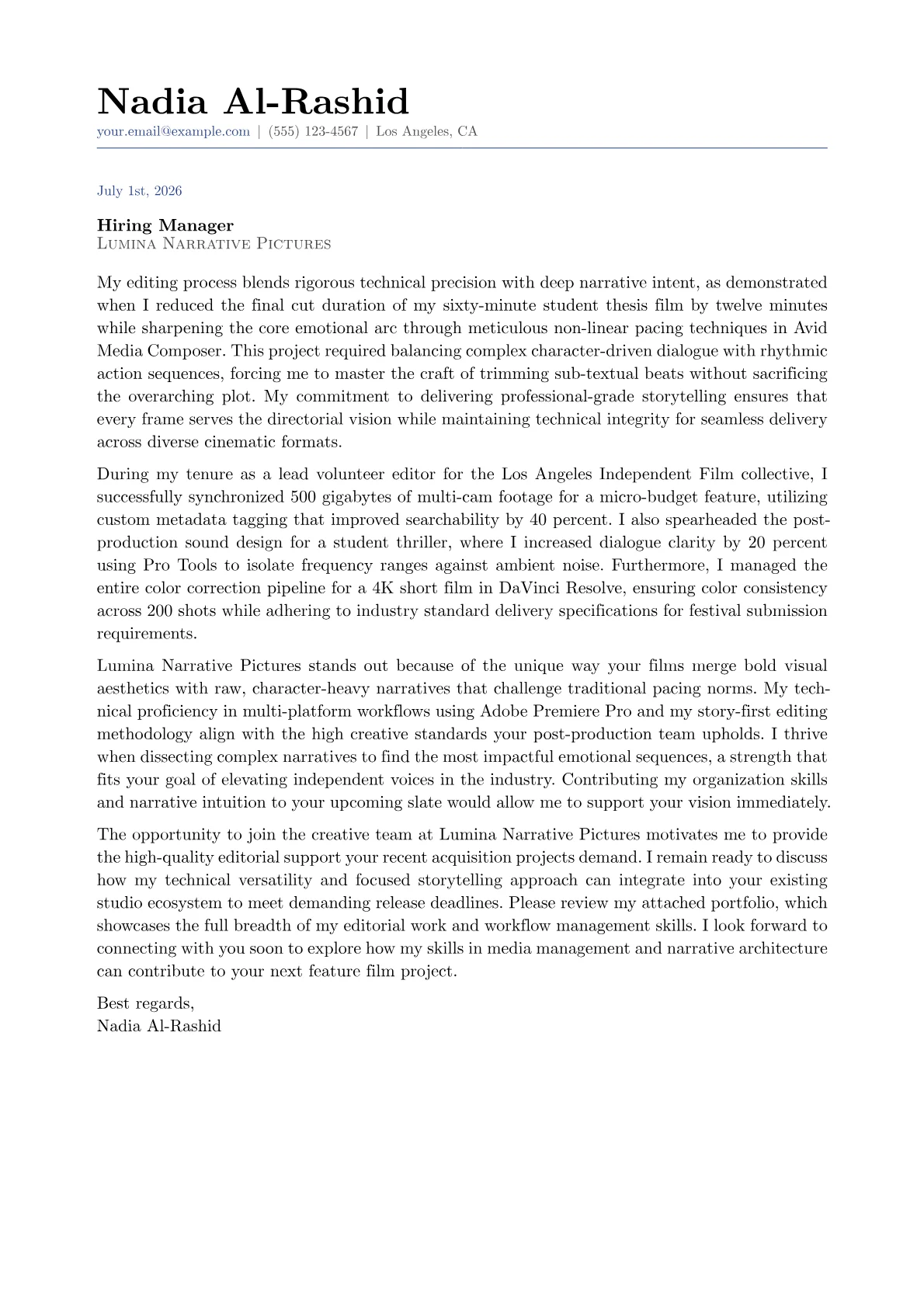 Feature Film Editor cover letter in the Classic design