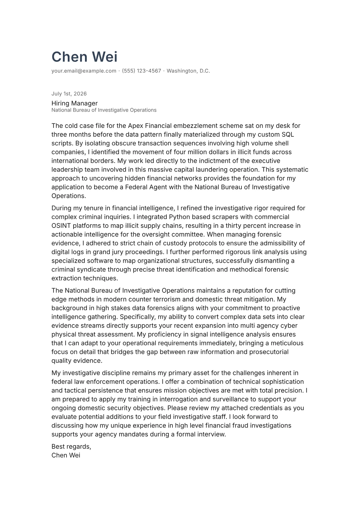 Federal Agent cover letter in the Minimal design