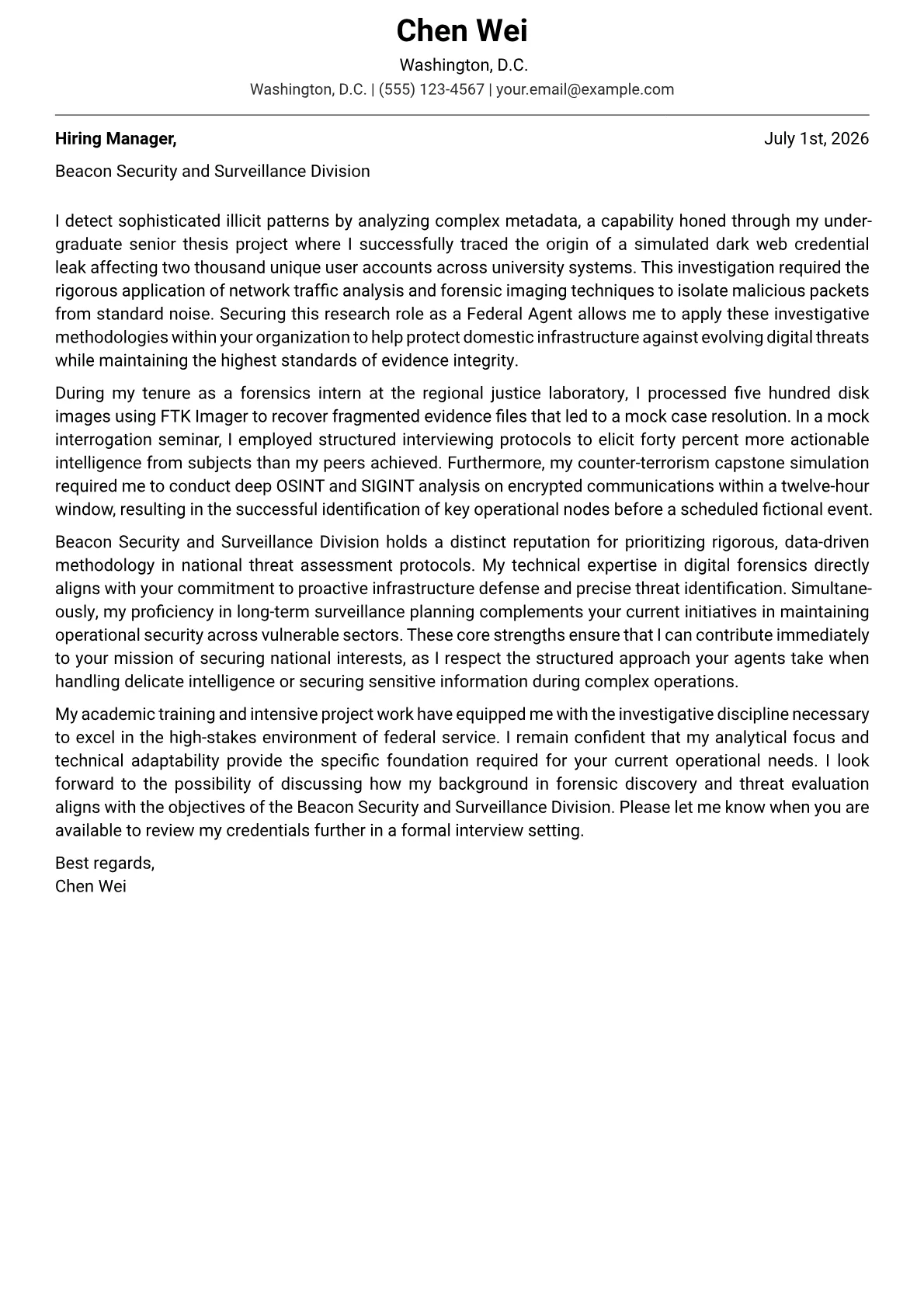 Federal Agent cover letter in the Modern design