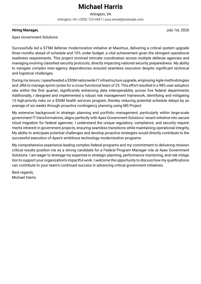 Federal Program Manager Cover Letter Example