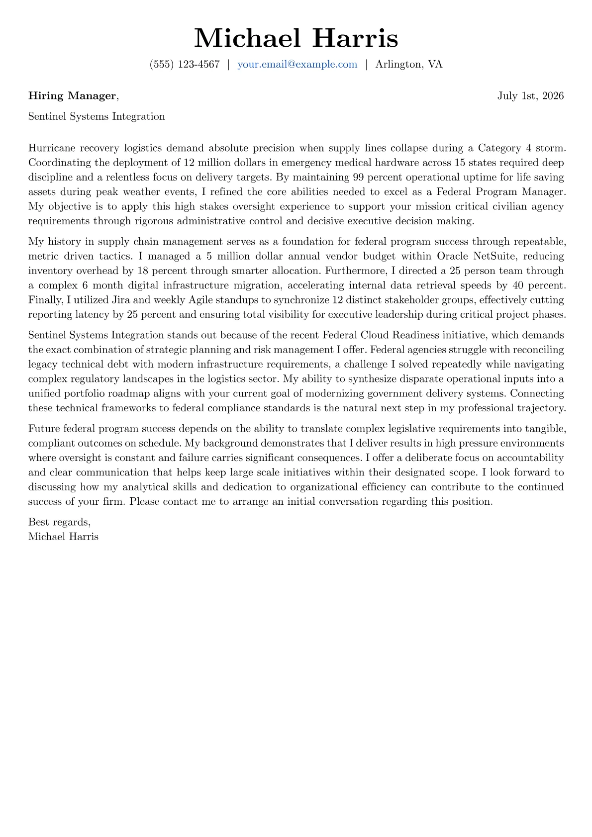 Federal Program Manager cover letter in the Basic design