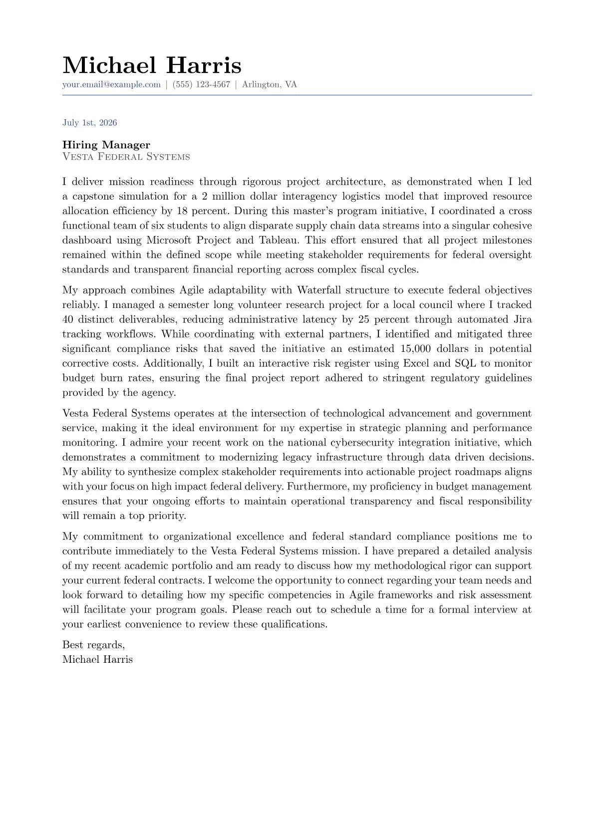 Federal Program Manager cover letter in the Classic design