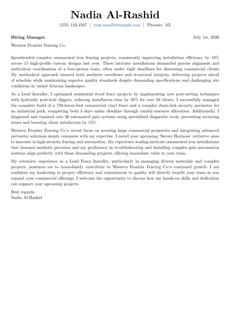 Fence Builder cover letter example preview