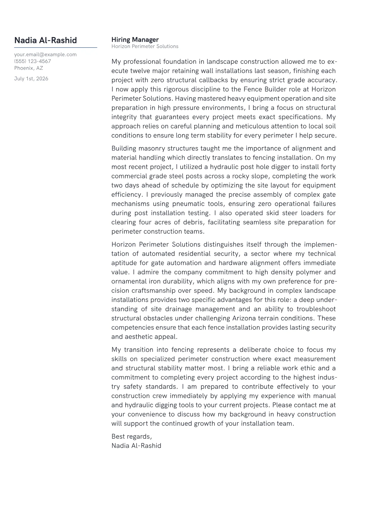 Fence Builder cover letter in the Margin design
